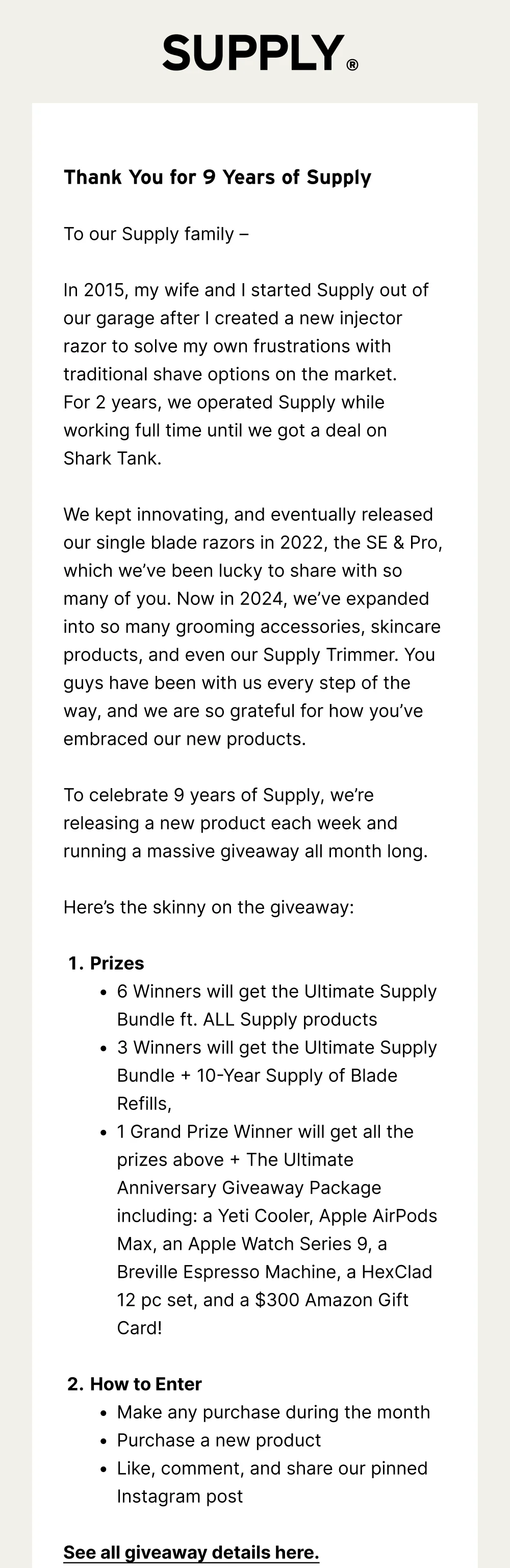 Thank You for 9 Years of Supply