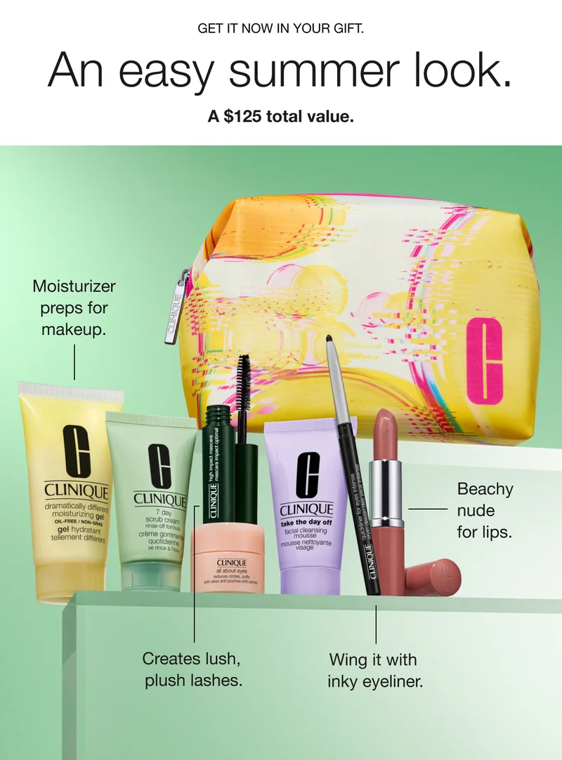 GET IT NOW IN YOUR GIFT. An easy summer look. A $125 total value. Moisturizer preps for makeup. Creates lush, plush lashes. Wing it with inky eyeliner. Beachy  nude for lips.
