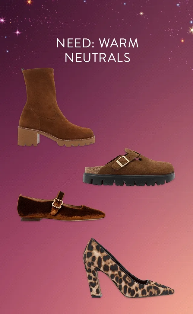 Four styles of brown shoes: boot, heel, flat and clog.