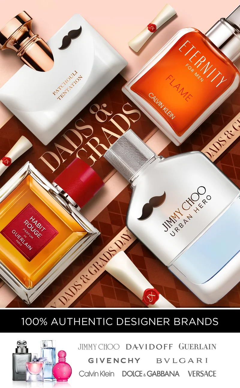 Popular fragrances lay flat on a Dads & Grads background during limited savings event