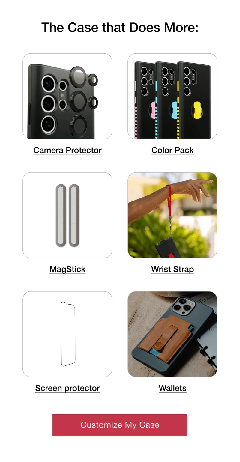 The Case that Does More: Camera Protector Color Pack MagStick Wrist Strap Screen protector Wallets Customize My Case