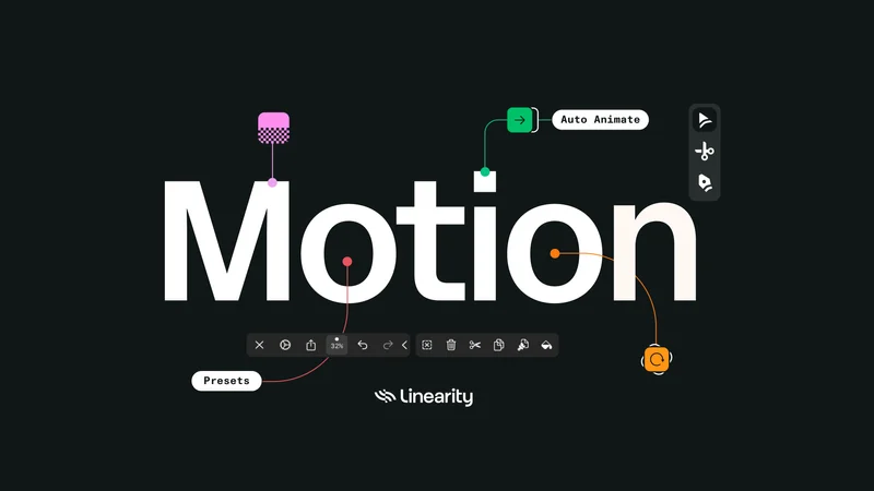An image of the word Motion surrounded by features and icons from the app Linearity Move.