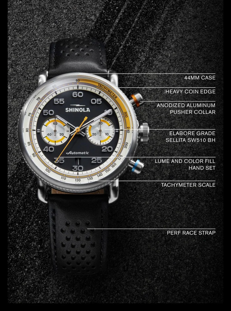 44MM CASE  HEAVY COIN EDGE  ANODIZED ALUMINUM PUSHER COLLAR  ELABORE GRADE SELLITA SW510 BH  LUME AND COLOR FILL HAND SET  TACHYMETER SCALE  PERF RACE STRAP
