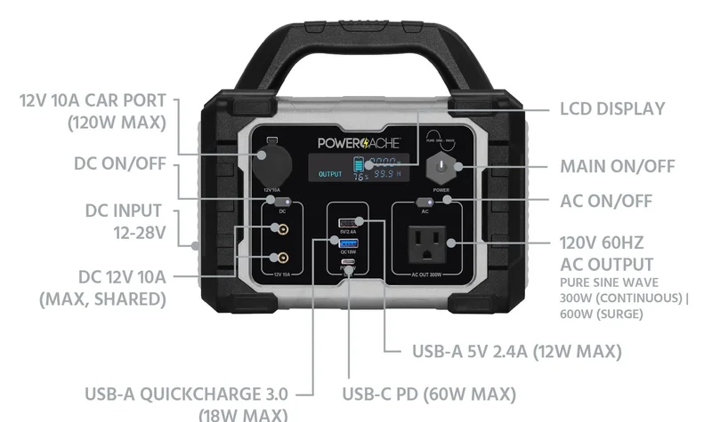 PowerCache 300 Lithium Portable Power Station - Black/Grey
