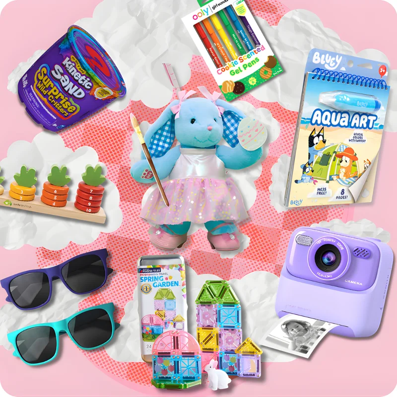 a collage of 2026 easter basket fillers like a bunny, camera, magnetic tiles, a stuffy, kinetic sand, and sunglasses a collage of 2026 easter basket fillers like a bunny, camera, magnetic tiles, a stuffy, kinetic sand, and sunglasses