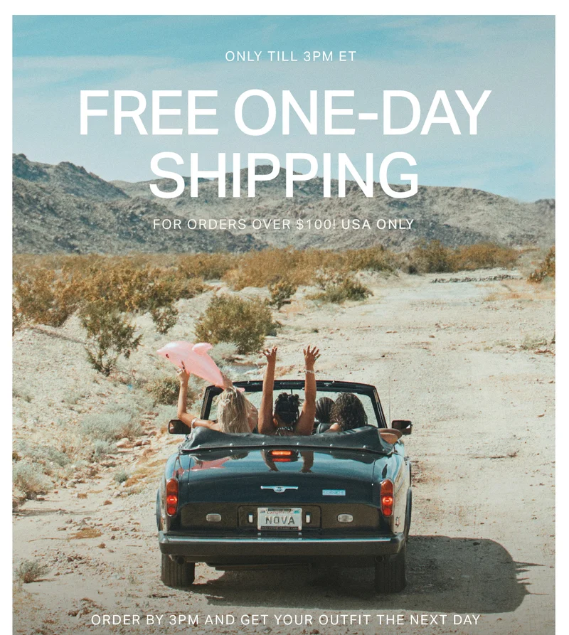 Women in a black convertible with a pink dolphin in a desert landscape. Get free one-day shipping on outfits by ordering before 3pm