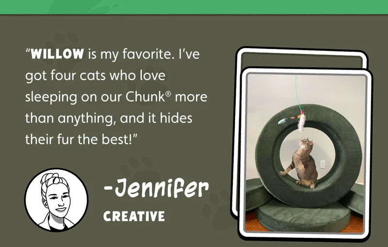 “Willow is my favorite. I’ve got four cats who love sleeping on our Chunk® more than anything, and it hides their fur the best!” -Jennifer, Creative