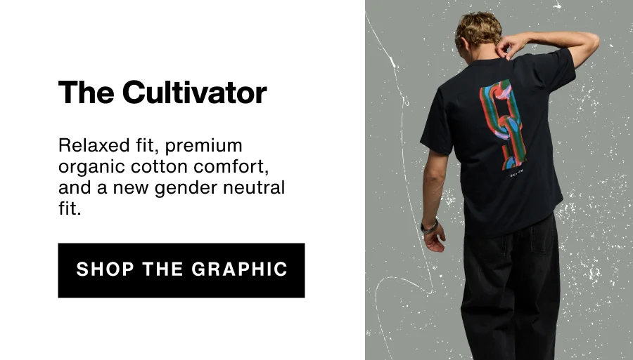 Image of The Cultivator board graphic tee with the text: Relaxed fit, premium organic cotton comfort, and a new gender neutral fit.