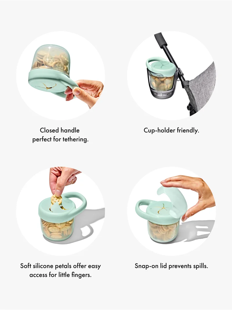 Closed handle perfect for tethering. Cup-holder friendly. Soft silicone petals offer easy access for little fingers. Snap-on lid prevents spills
