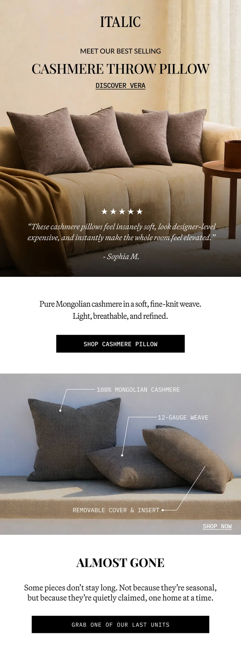 ITALIC | MEET OUR BEST SELLING  CASHMERE THROW PILLOW DISCOVER VERA