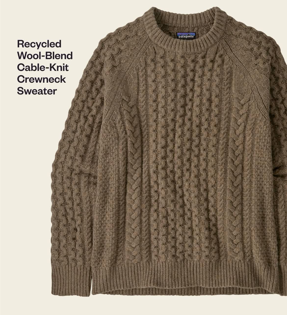 Recycled Wool Blend Cable Knit Crewneck Sweater