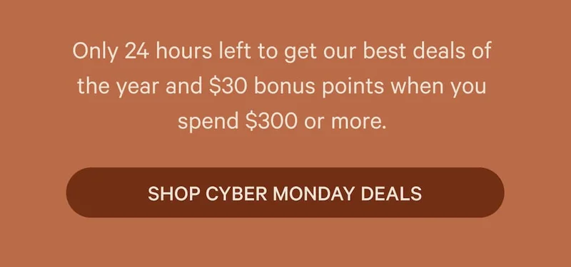 Only 24 hours left to get our best deals of the year and $30 bonus points when you spend $300 or more.