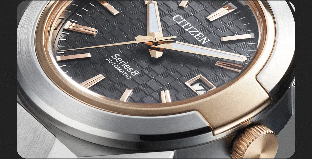 A close-up of the dial, features a pattern evoking the Tokyo night skyline.