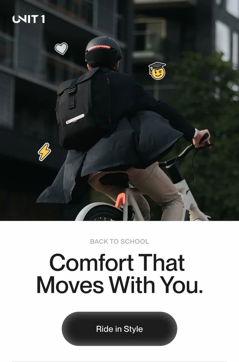 Ride in Style — UNIT 1 back-to-school campaign hero image featuring smart commuter gear