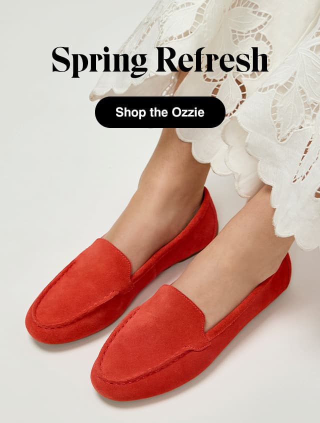 A pair of the Ozzie Loafers in new bright Red suede paired with white, lacy scalloped-edge pants. The email says Spring Refresh. Shop Ozzie