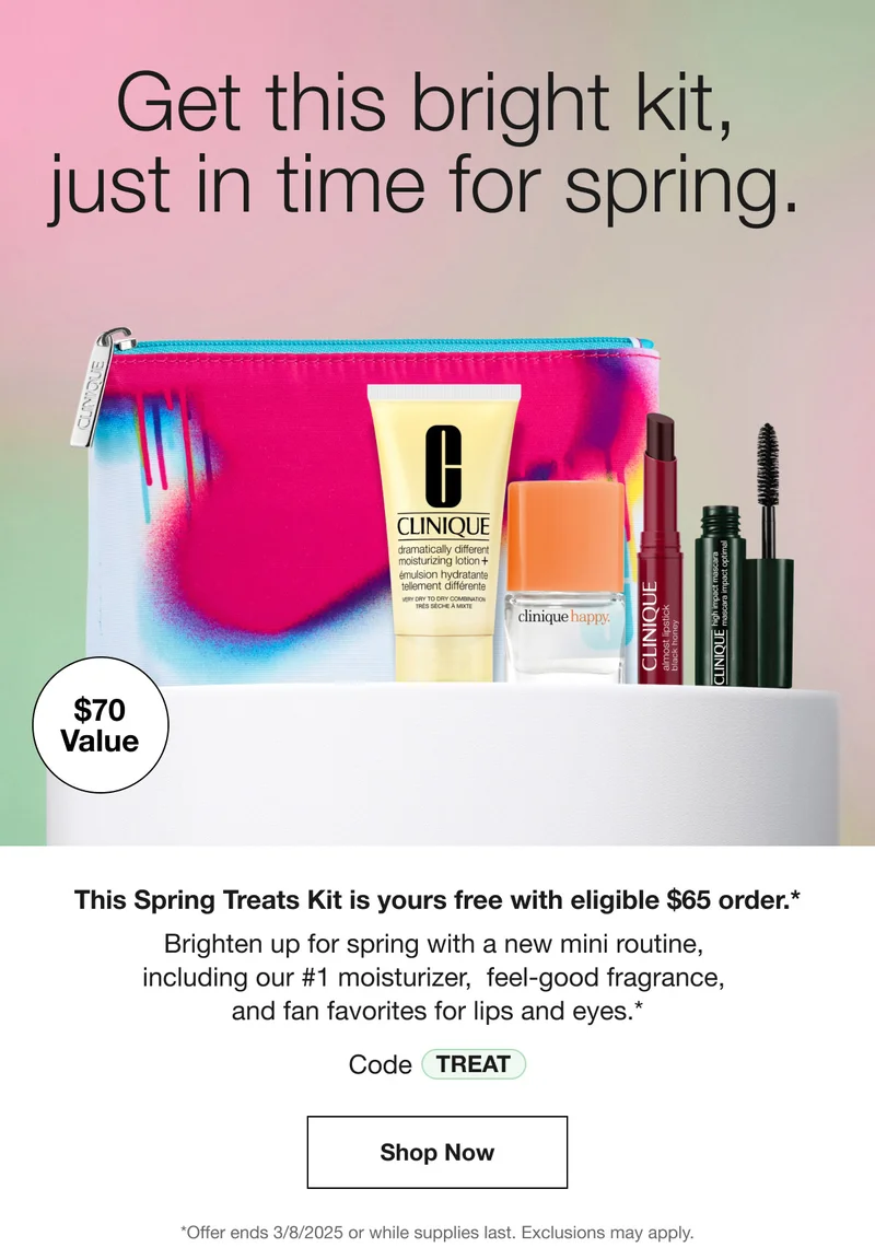 Get this bright kit, just in time for spring. $70 Value | This Spring Treats Kit is yours free with eligible $65 order.* Brighten up for spring with a new mini routine, including our #1 moisturizer, feel-good fragrance, and fan favorites for lips and eyes.* Code discount code | Shop Now | *Offer ends 3/8/2025 or while supplies last. Exclusions may apply.