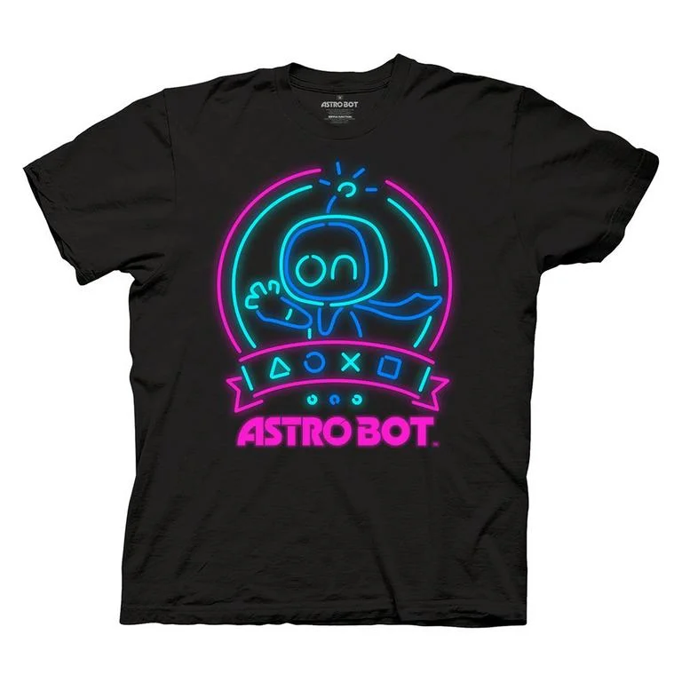Astro Bot Neon Waving Unisex Black Short Sleeve T-Shirt GameStop Exclusive