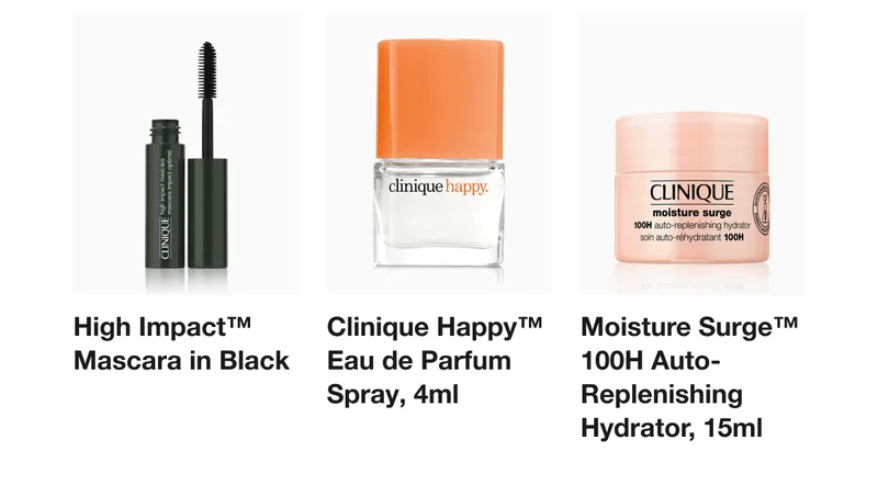 High Impact™ Mascara in Black | Shop Now | Clinique Hapрру™ Eau de Parfum Spray, 4ml | Shop Now | Moisture Surge™ 100H Auto-Replenishing Hydrator, 15ml | Shop Now