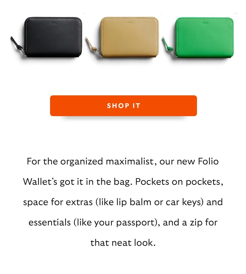 Fold-flat access. Pockets galore. RFID protected. For the organized maximalist, our new Folio Wallet’s got it in the bag. Pockets on pockets, space for extras (like lip balm or car keys) and essentials (like your passport), and a zip for that neat look.