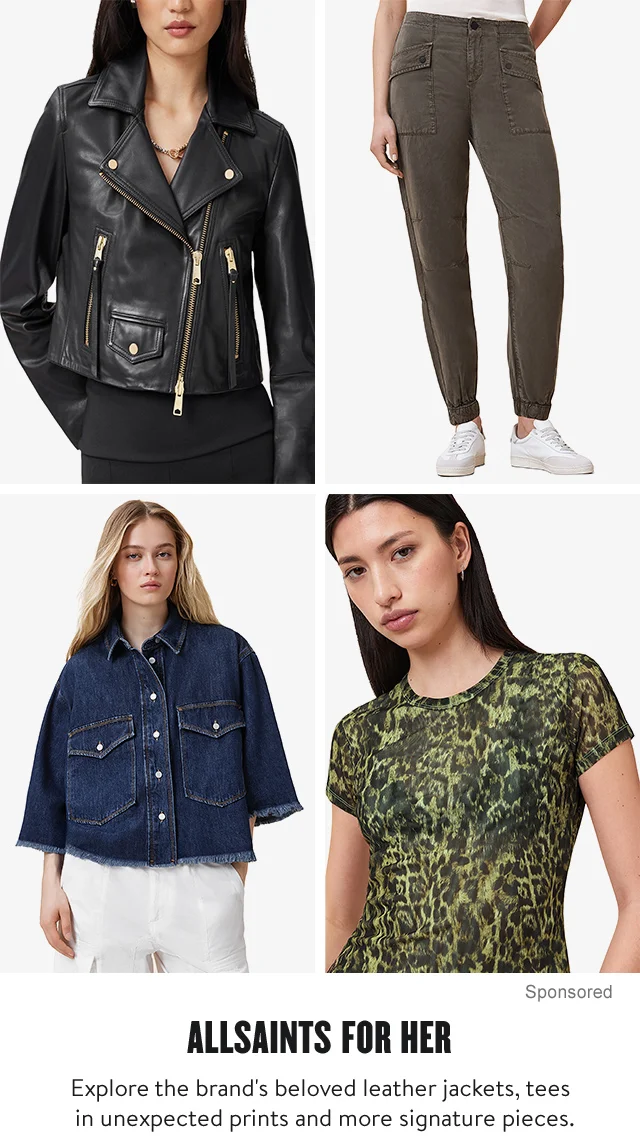 AllSaints leather jacket, cargo pants, cropped denim jacket and animal-print tee.