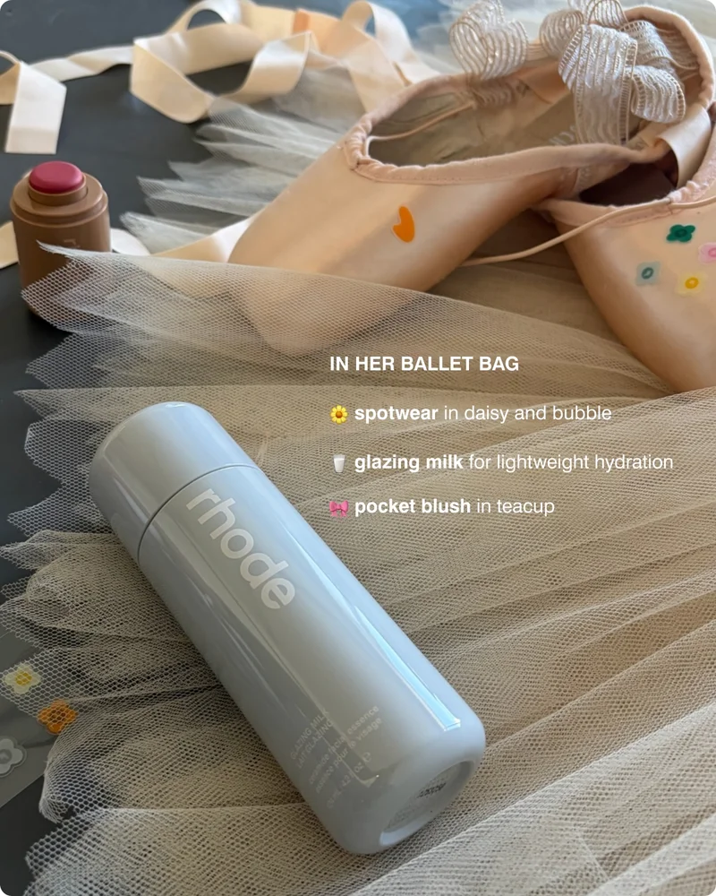 in her ballet bag: spotwear in daisy and bubble, glazing milk for lightweight hydration, pocket blush in teacup