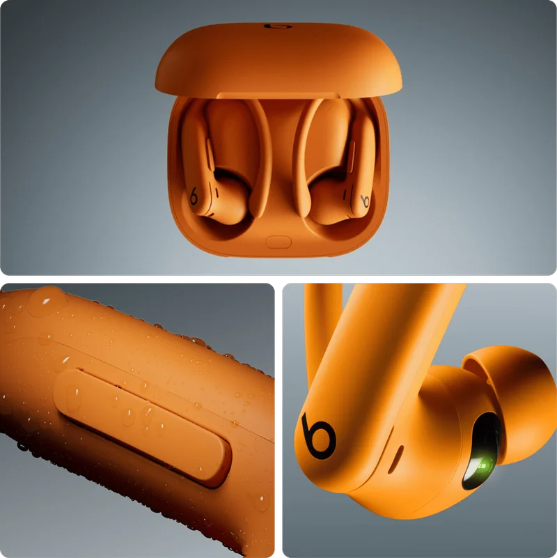 Closeup, Heart Rate Monitor, and open case image of Powerbeats Pro 2 in Electric Orange.