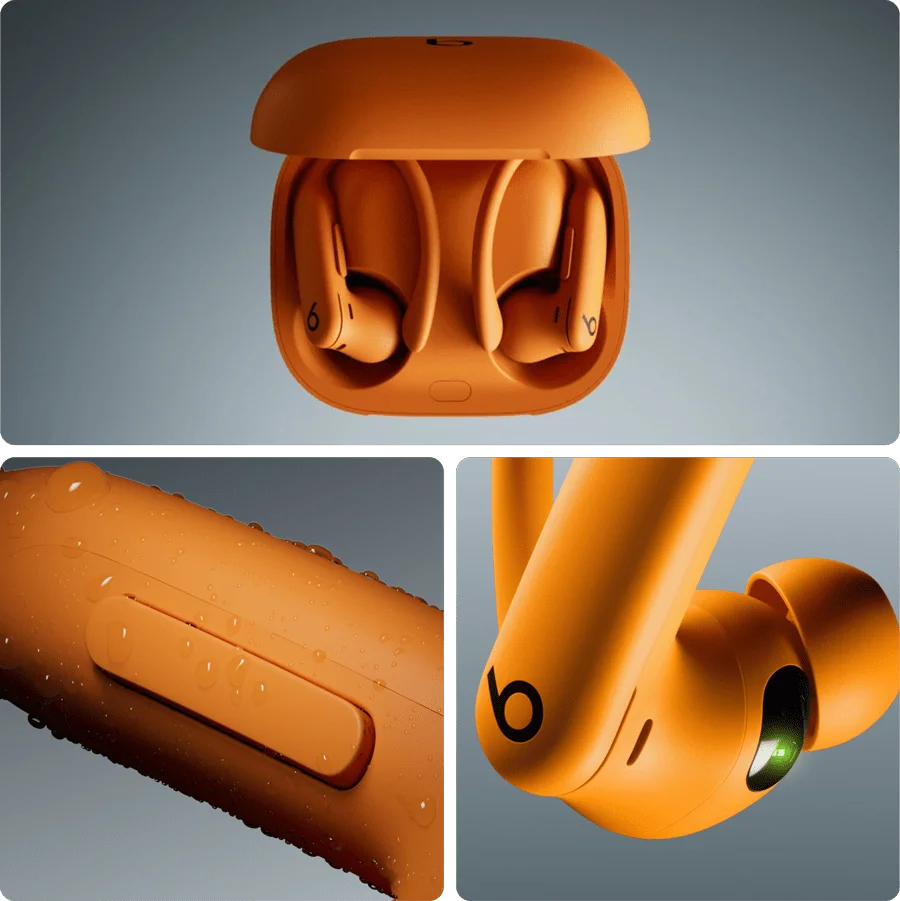 Closeup, Heart Rate Monitor, and open case image of Powerbeats Pro 2 in Electric Orange.