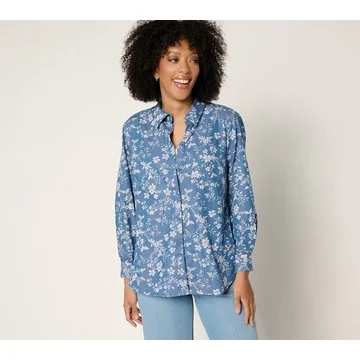 Joan Rivers Cotton Chambray Floral Classic Button Front Shirt