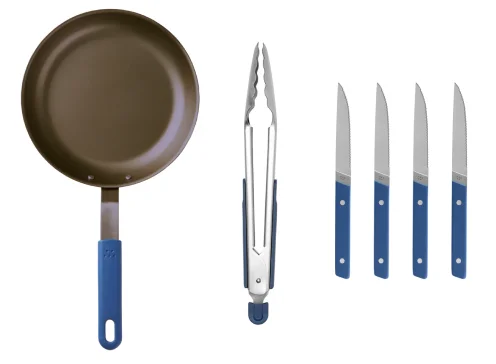 Misen's Steak Prep Kit. Pan, Tongs, Steak Knives.