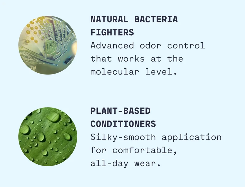 Natural Bacteria Fighters Advanced odor control that works at the molecular level. Plant-Based  Conditioners Silky-smooth application for comfortable,  all-day wear.