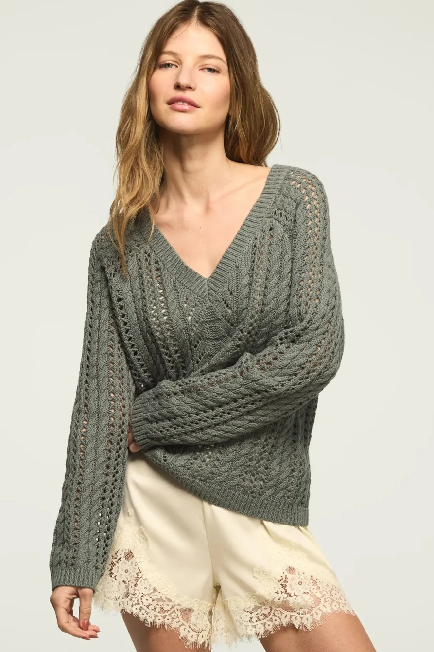 Image of Lucky Brand Open Cable V Neck Sweater - Women's Clothing Tops Sweaters in Rose Smoke