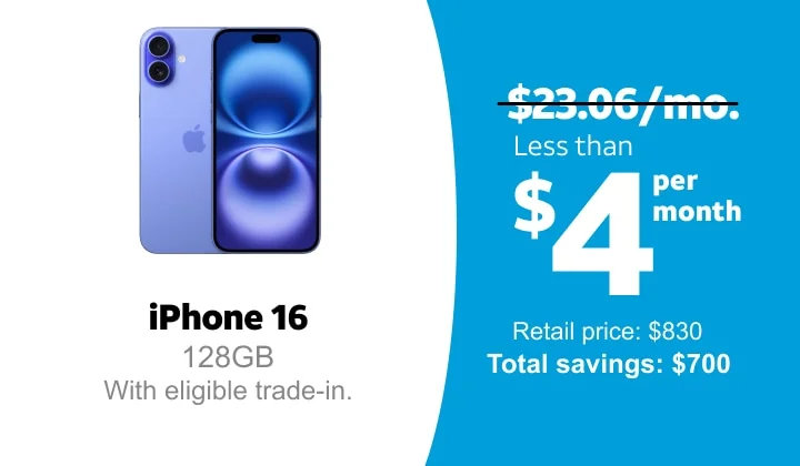 iPhone 16. 128GB with eligible trade‑in. Price before offer was $23.06 per month, now it’s $4 per month. Retail price is $830. Total savings is $700.