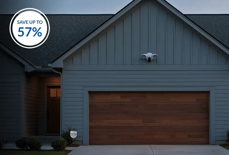 Save up to 57%. Wired Floodlight Camera mounted on outside a home above the front driveway. Animated image depicts the floodlight turning on and off, illuminating the driveway below.