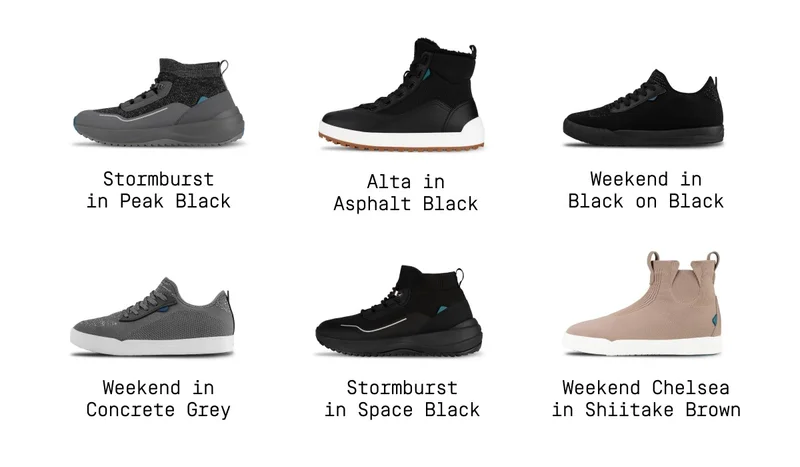 Product grid images of the Stormburst in Peak Black, Alta in Asphalt Black, Weekend in Black on Black, Weekend in Concrete Grey, Stormburst in Space Black, and Weekend Chelsea in Shiitake Brown.