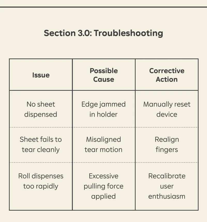 Section 3.0: Troubleshooting: Issue Possible Cause Corrective Action No sheet dispensed Edge jammed in holder Manually reset device Sheet fails to tear cleanly Misaligned tear motion Realign fingers Roll dispenses too rapidly Excessive pulling force applied Recalibrate user enthusiasm