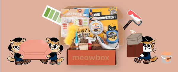 Image of the Ameowzing Home Makeovers meowbox (featuring toys like the Inspurration Board scratcher, Home Impurrovement 2 pack, Handy Helpurr Wearable Tool Set toys and more).