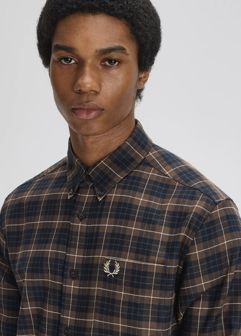 Male model wearing a Fred Perry Brushed Twill Tartan Shirt in Burnt Tobacco