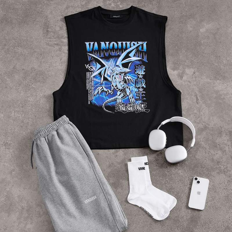 YU-GI-OH! BLUE EYES WHITE DRAGON BLACK BOXY SLEEVELESS T SHIRT