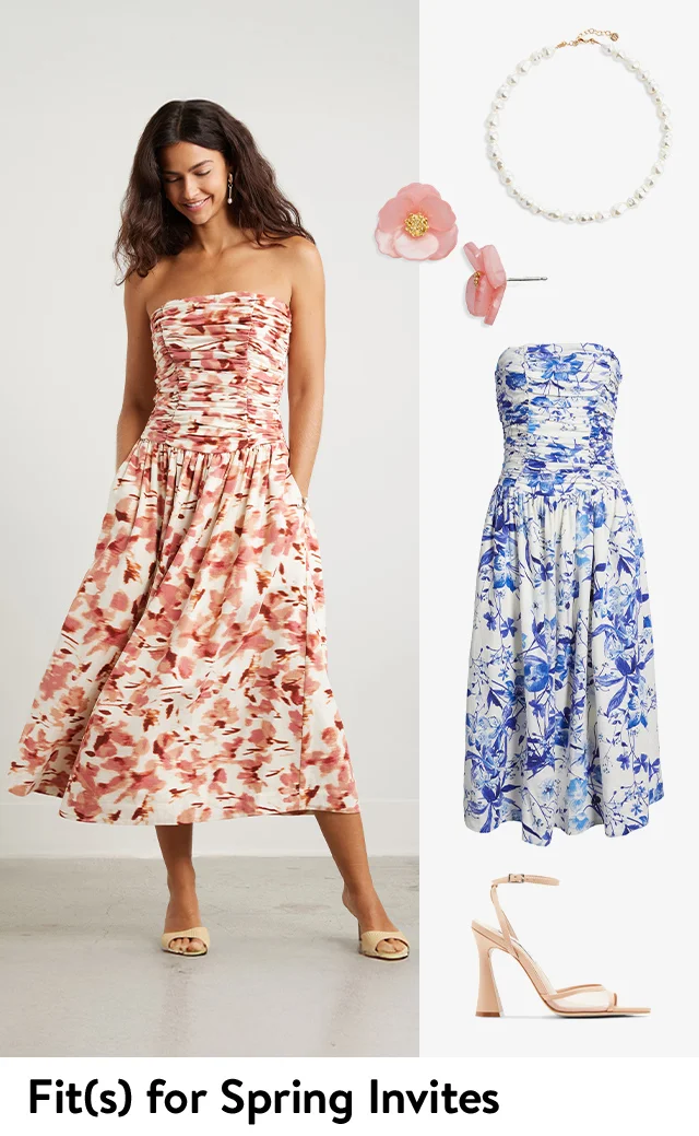 A woman wearing a floral-print strapless dress, earrings and heels; a strapless dress, necklace, heels and floral earrings.