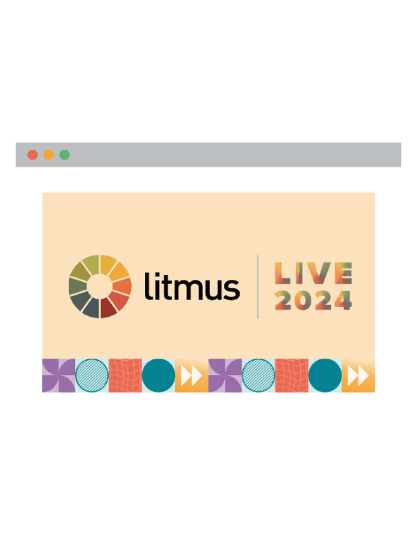Icon of a computer screen with Litmus Live 2024 logo, with a 4 hearts in the background