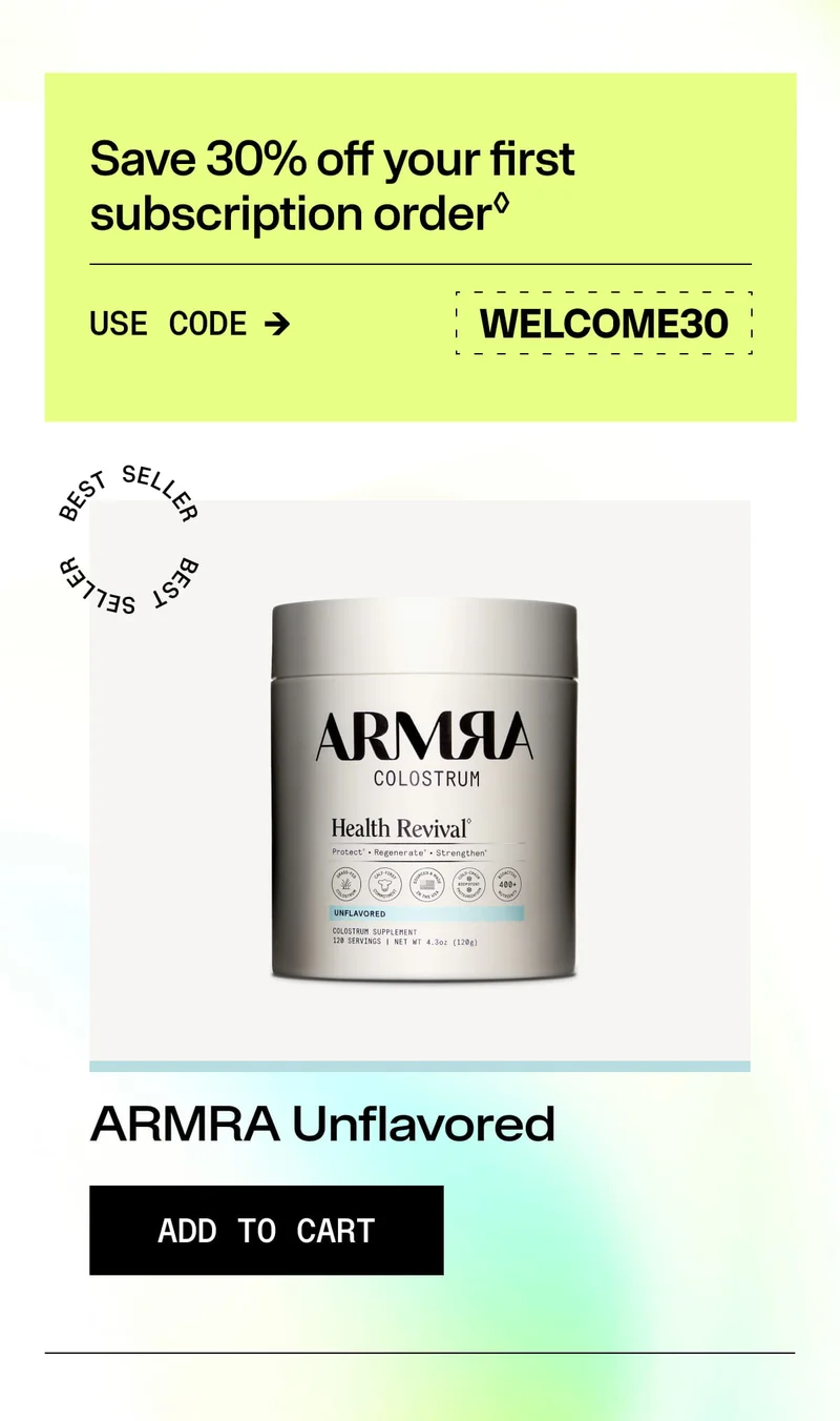 ARMRA Unflavored colostrum jar labeled Best Seller with Add to Cart button on white background.