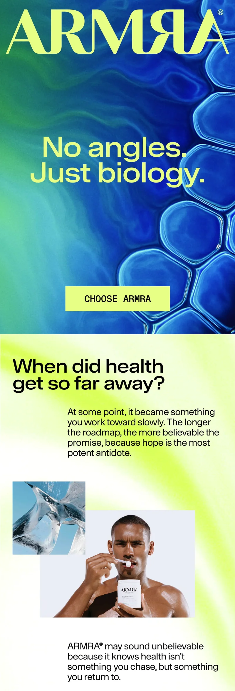ARMRA colostrum supplement with tagline “No angles. Just biology.” and a Choose ARMRA button over abstract blue and green background.
