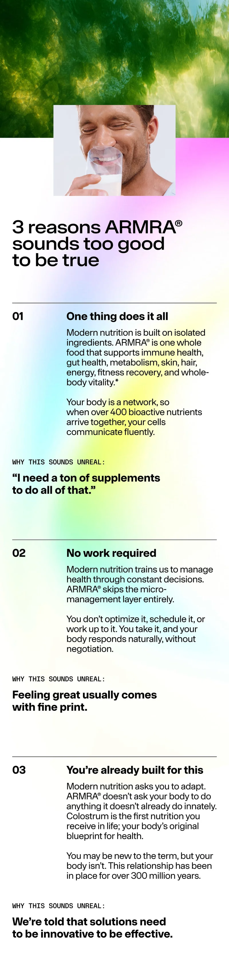 Man drinking ARMRA colostrum with headline “3 reasons ARMRA sounds too good to be true” and benefit descriptions about whole-body health support.