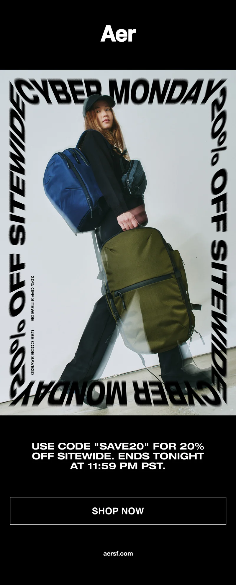 Aer Cyber Monday Sale image of a woman with multiple travel-friendly bags and backpacks