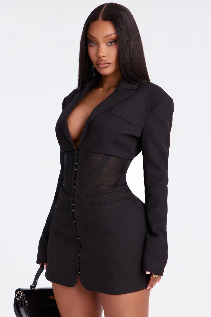 Image of Miranda Mesh Cut Out Blazer Mini Dress - Black