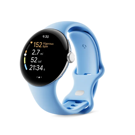 A Google Pixel Watch 2 with a blue band shows exercise mode on its display. The heart rate reads “152 vigorous bpm.”