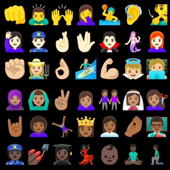 Various emoji all in a row, showing a variety of people, expressions and skin tones.