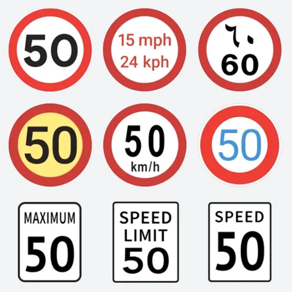 Illustration of various speed limit signs, all showing a speed limit of 50.