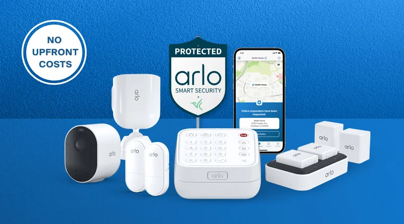 No upfront costs. Various Arlo security products on display.