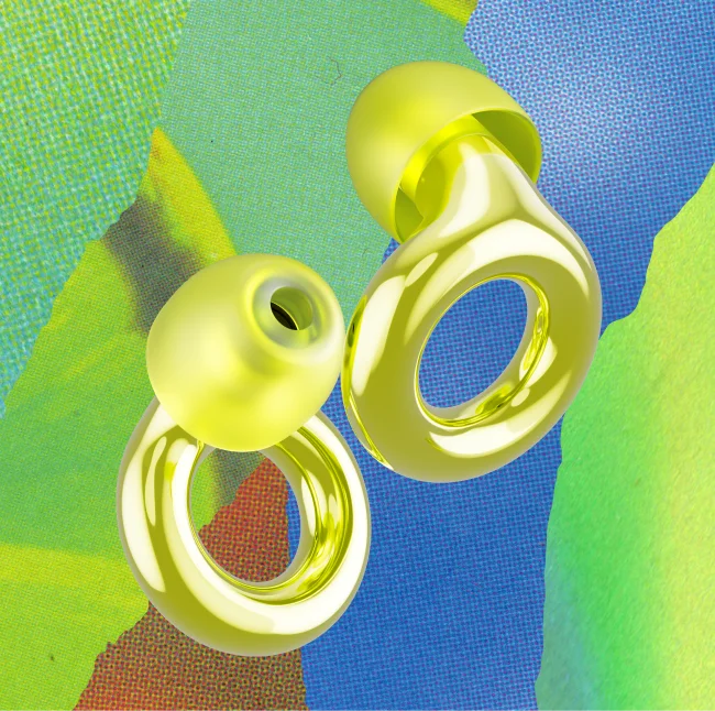 Two Loop Experience earplugs in Kinetic’s Lemon Lime tone against a colorful, retro background.